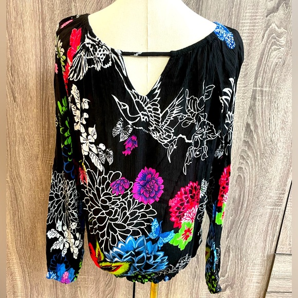 DESIGUAL Black & Floral Print Designer Blouse Longsleeve Flowy Top. Size M - Picture 3 of 12